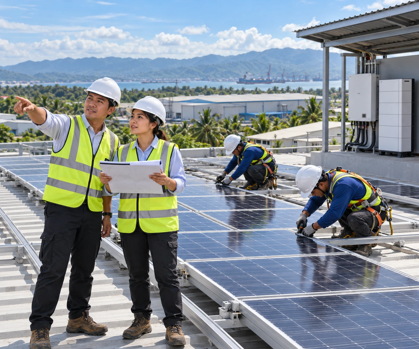 Solar installation company concept: engineers and installers at a project site